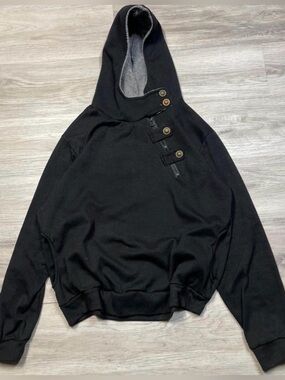 Black Hooded Pullover Sweatshirt with Button Detail